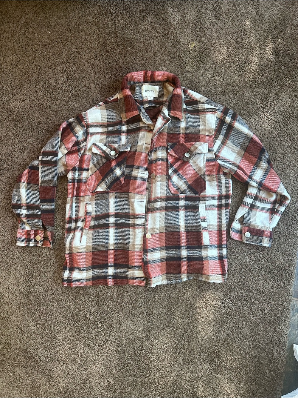 Hyfve Plaid Button-Up Shacket in Rust, Cream & Brown